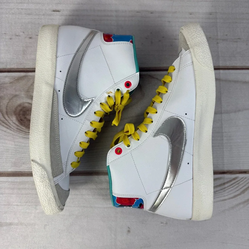 Nike Blazer Mid 7Y‎ Kids White Silver Floral High Top Sneakers Shoes